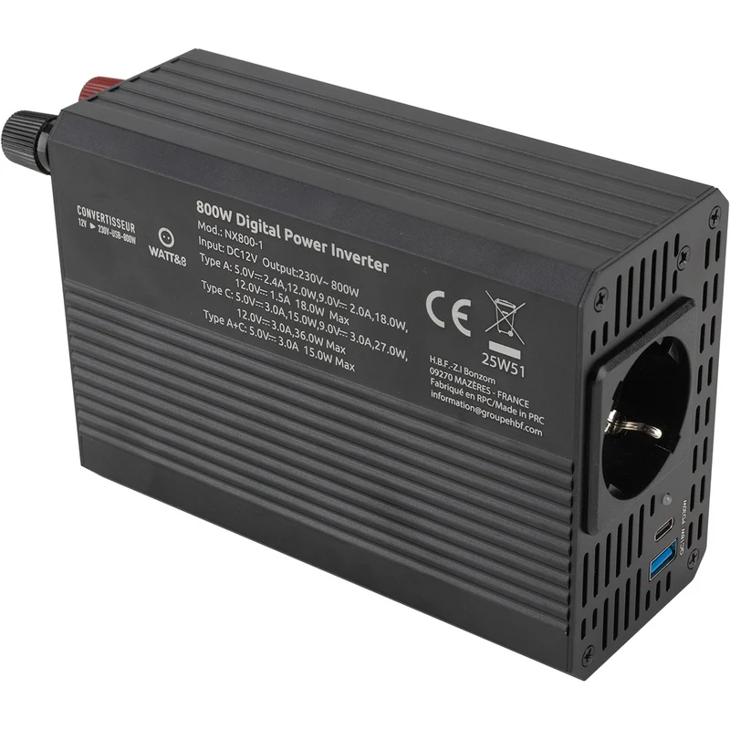 Convertisseur de tension voiture 800W USB-A+C - Watt and Co