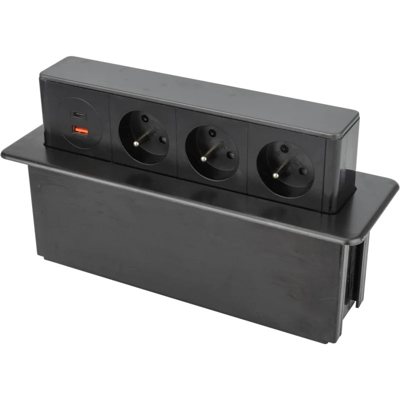 Lot de 3 blocs multiprises encastrables 3x16A 2P+T avec 2 ports USB - Noir - Otio
