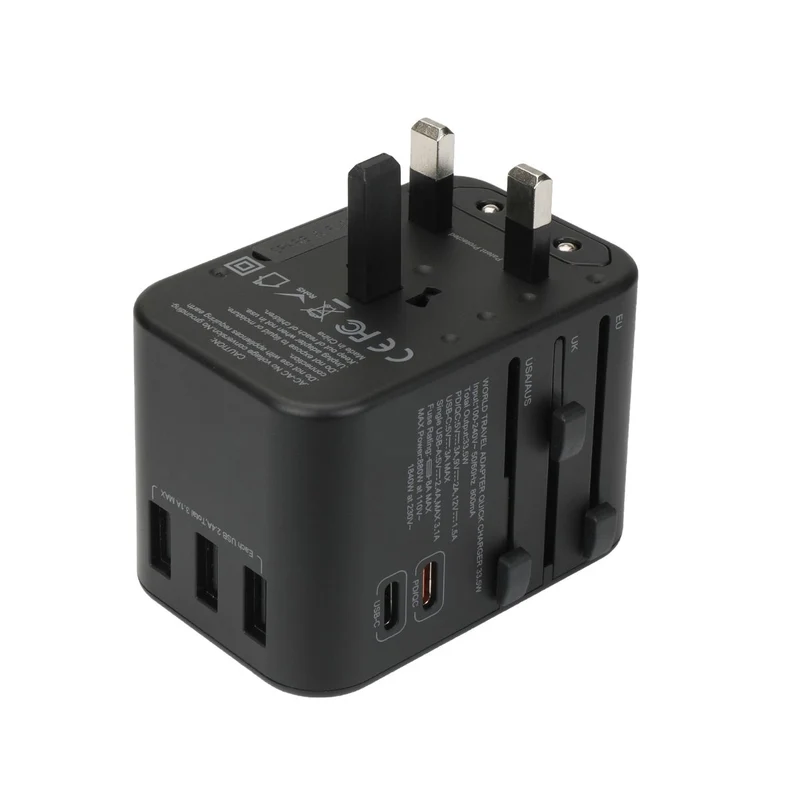 Adaptateur prise voyage universel international - 5 ports USB inclus - Noir - Voltman