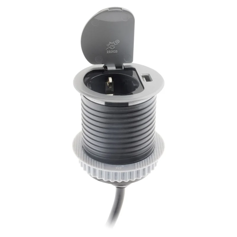 Prise encastrable Schuko + USB Ø60mm - Gris - Otio