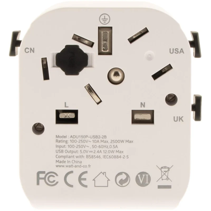 Adaptateur universel de voyage 150 pays 2xUSB + fusibles de protection - Watt and Co