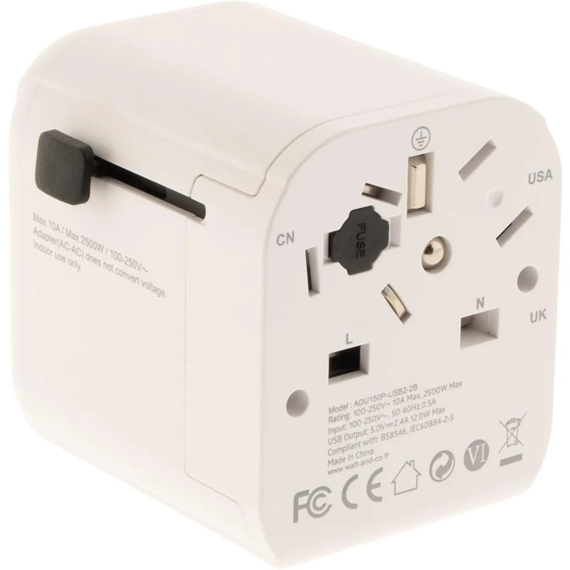 Adaptateur universel de voyage 150 pays 2xUSB + fusibles de protection - Watt and Co