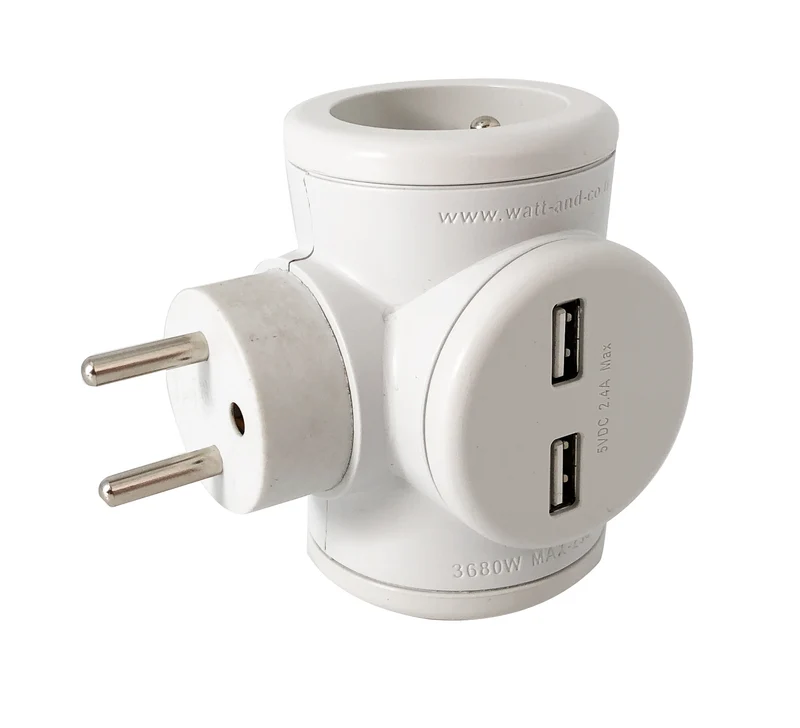 Biplite 16A rotative 180° + 2 ports USB 2,4A - Watt and Co