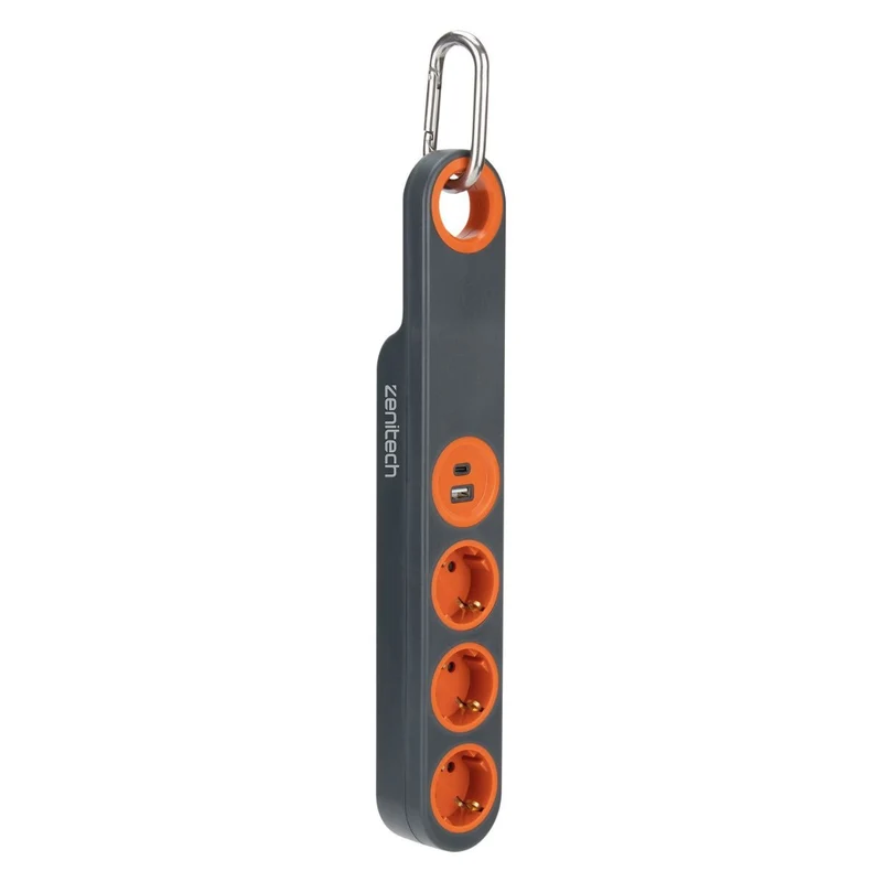 Multiprise 3 prises Schuko + crochets + lumière + 2 USB A+C - Gris/Orange - Klipo - Zenitech