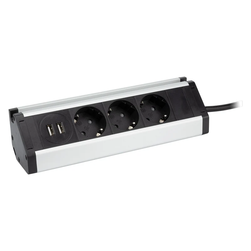 Multiprise support smartphone 3 prises Schuko + 2 USB A - Argent/Noir - Zenitech