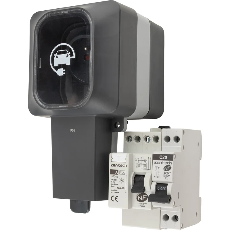 Prise renforcée Easy Charge 3,6 kW IP55 + interrupteur différentiel + disjoncteur - Protec