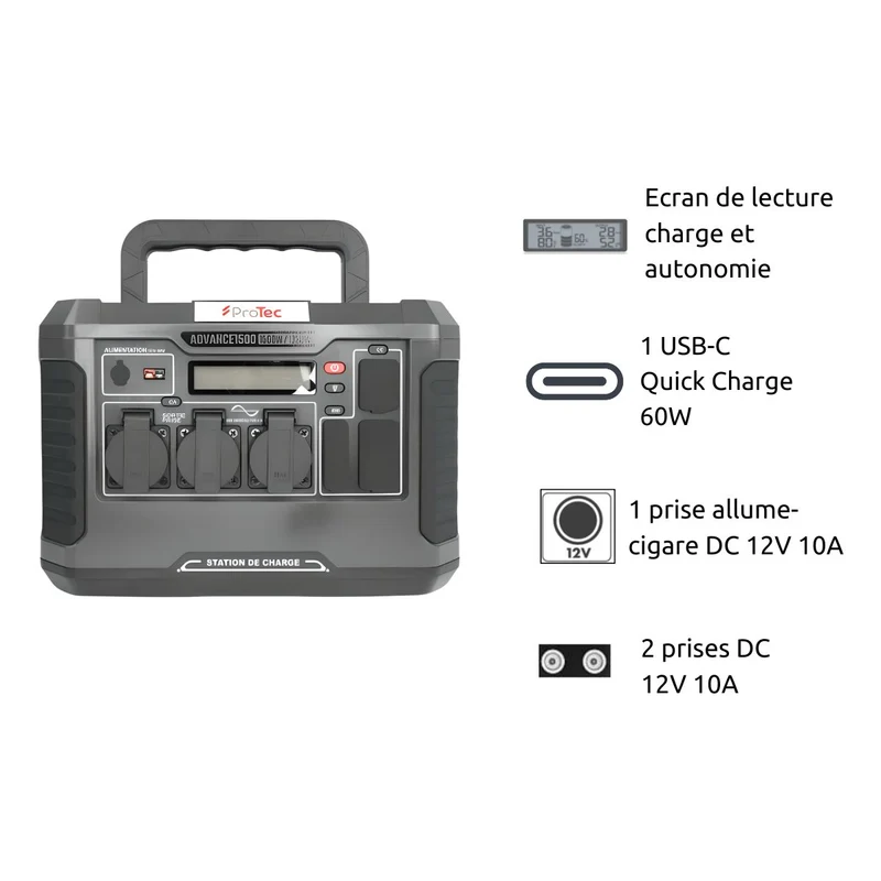 Station d'énergie portable Advance 1500 - Générateur électrique - 1328Wh/1500W - Sortie AC - Noir - Protec