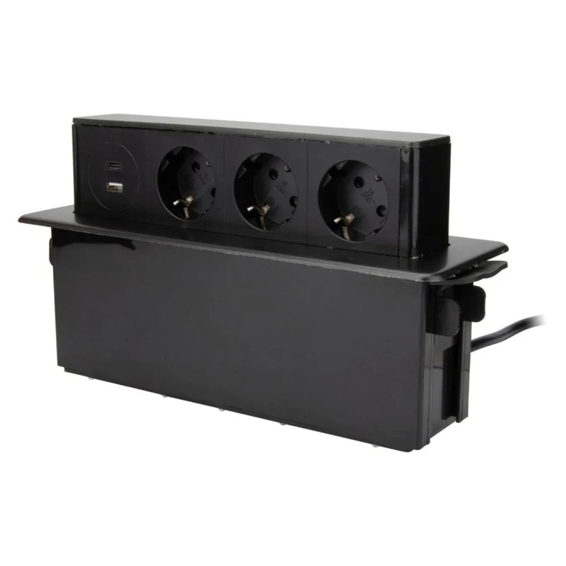 Multiprise rétractable 3 prises Schuko + 2 USB A+C - Noir - Otio