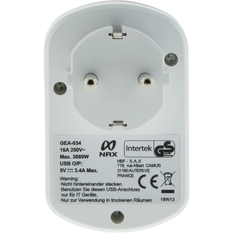 Prise Schuko 16A + 2 USB A 3,4A - Blanc - Zenitech