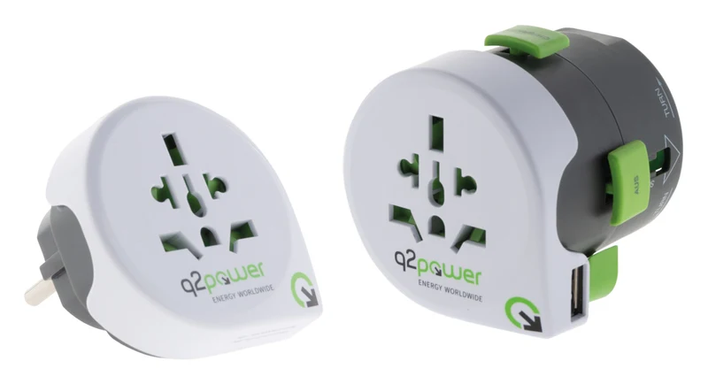 Adaptateur prise voyage universel avec port USB - compatible avec +195 pays USA/Asie/UK - Vert - Q2 Power