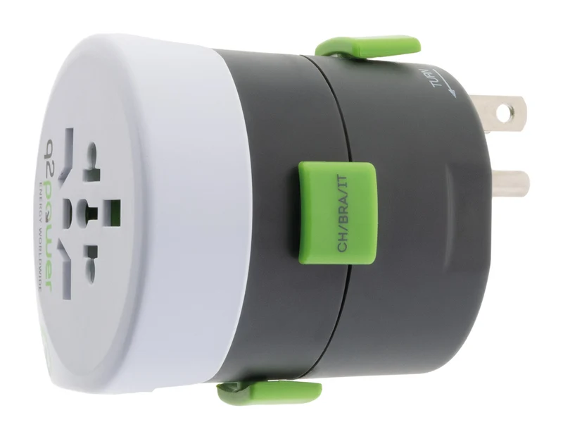 Adaptateur prise voyage universel avec port USB - compatible avec +195 pays USA/Asie/UK - Vert - Q2 Power