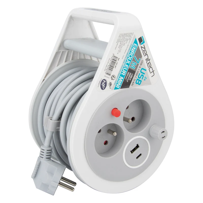 Mini enrouleur design 2 prises + 2 USB 7 mètres - Zenitech