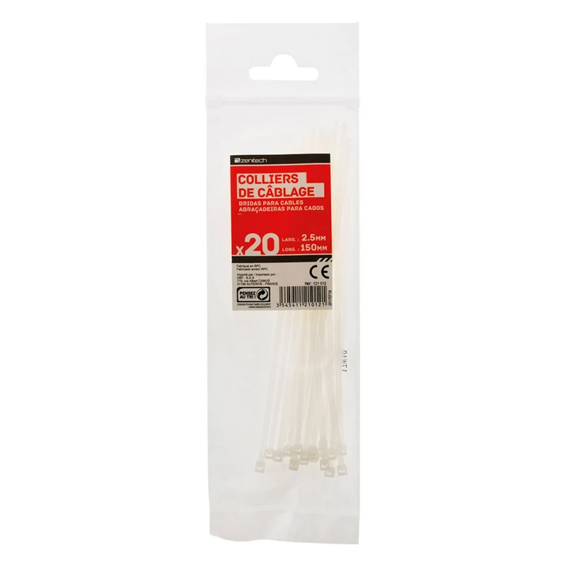 Lot de 20 colliers de câblage 2,5x 150mm Transparents - Zenitech