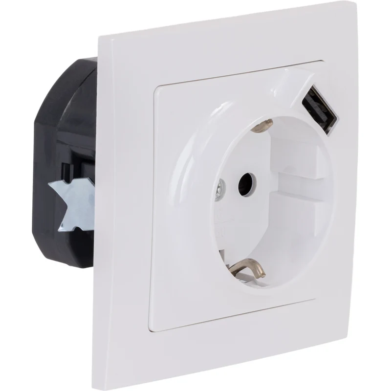 Prise Schuko + USB A encastrés + plaque de finition Kalya - Blanc - Zenitech