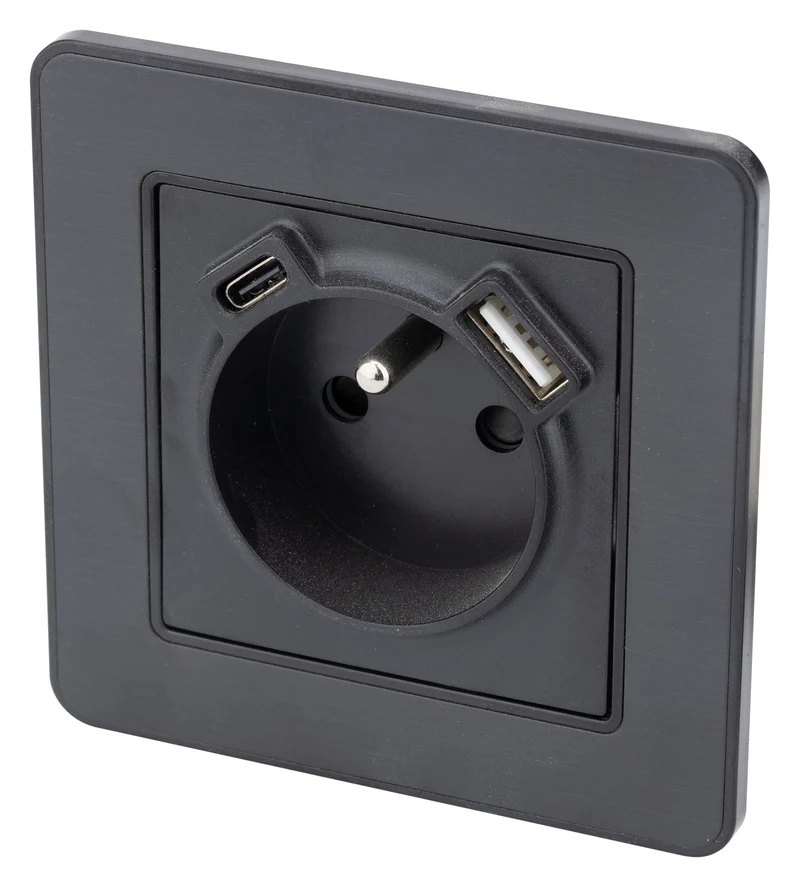 Prise 2P+T 16A USB A + USB-C 2,4A complet - métal Noir brossé Kouro - Zenitech